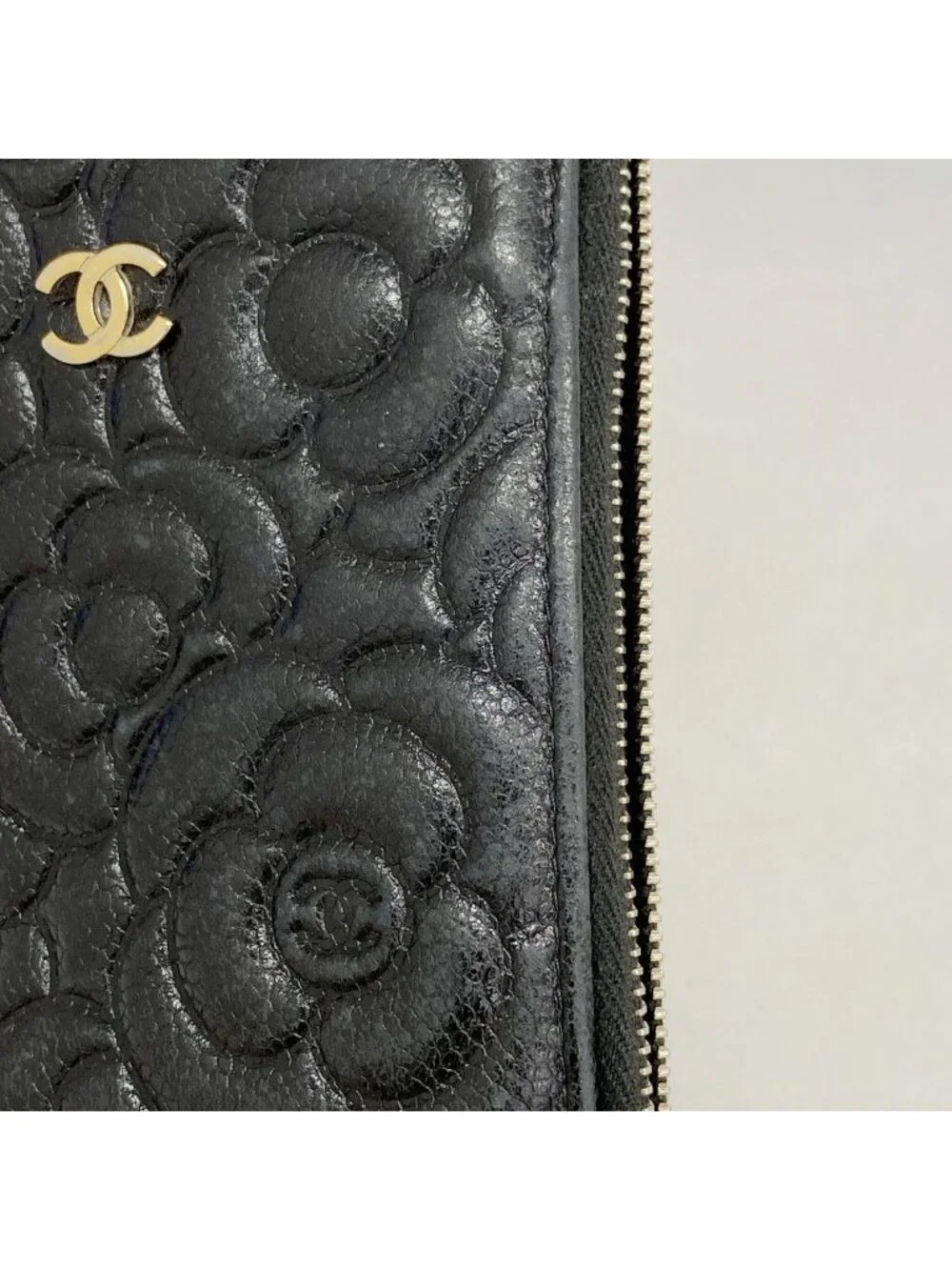 Chanel Wallet Camellia Caviar Leather Black Champagne Gold